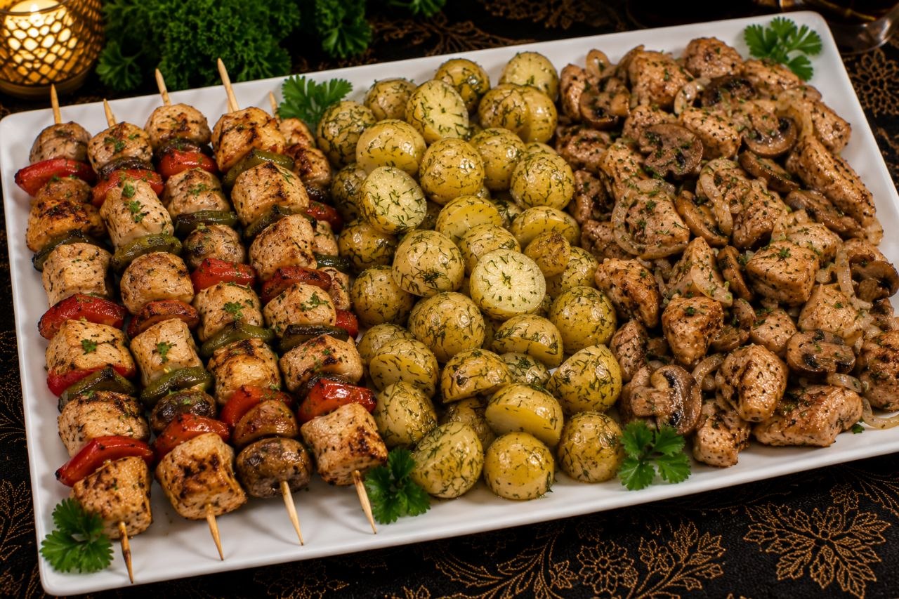 Курячий шашлик,картопля відварена з окропом,та куряче м'ясо з грибами